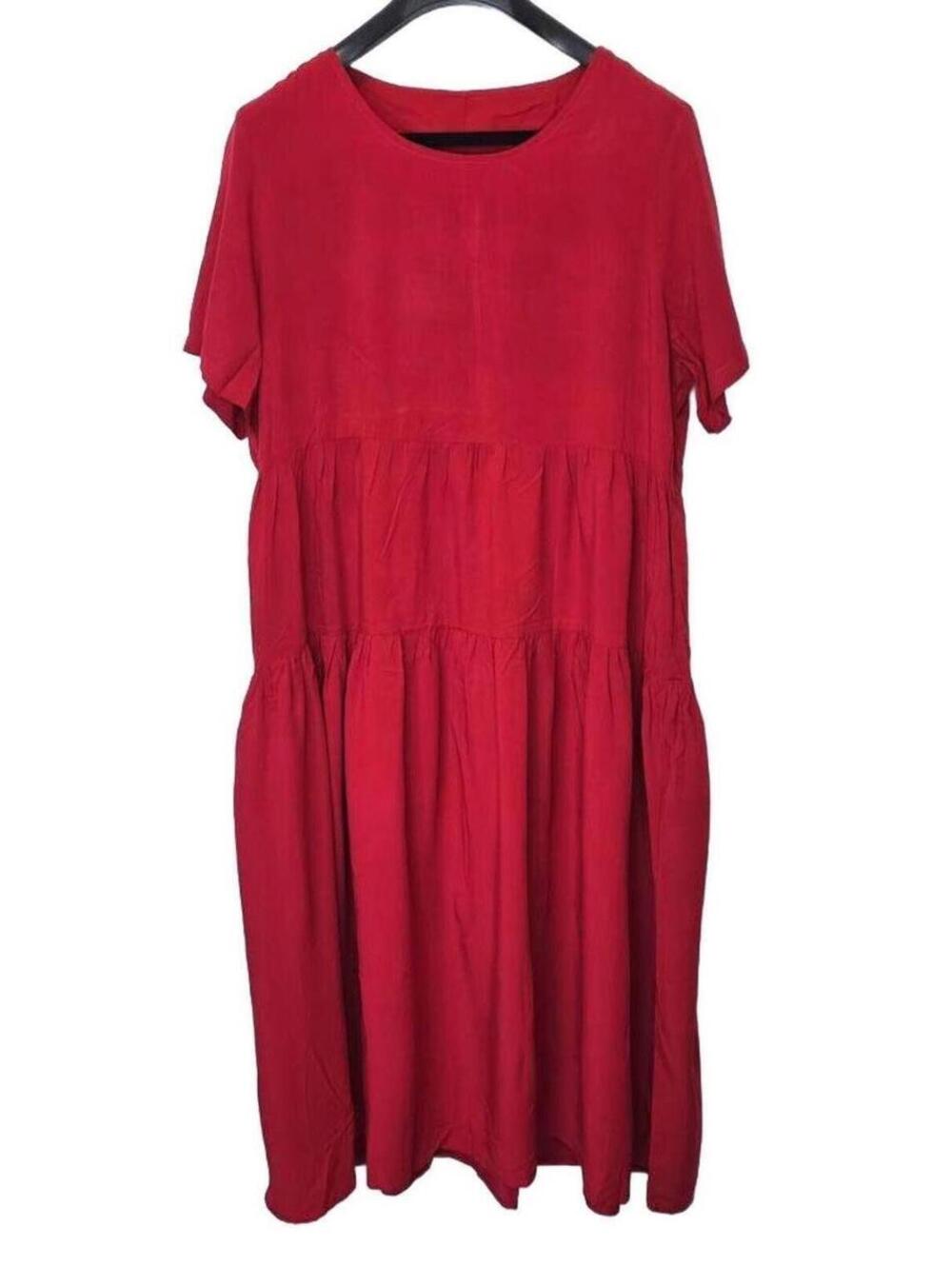 Summery Cherry Red Tiered Midi Pocket Dress -XL- Short Sleeve, Sopiya